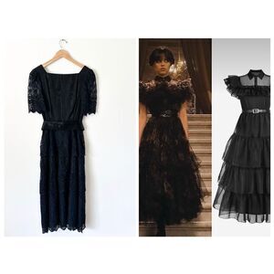 NUIT Vintage Women’s Black Modest Maxi Dress Intricate Tiered Lace Skirt Sleeves